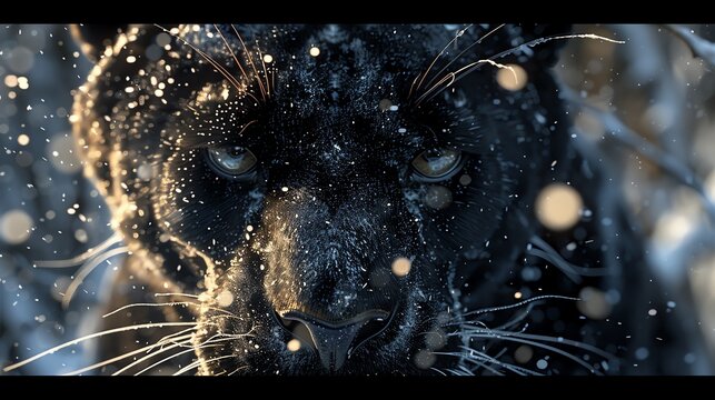 Visualize a close-up of a sleek panthers face in a snowy forest, emphasizing its piercing eyes and fur coated with delicate snowflakes, evoking a sense of silent power
