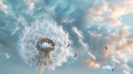 A dandelion flower is blowing its seeds in the wind.