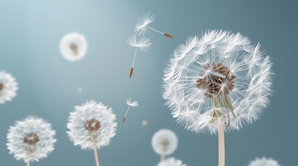 A dandelion flower is blowing seeds in the wind.