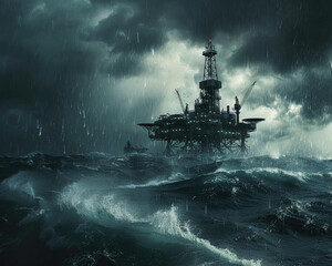 An oil rig in the middle of a stormy sea.
