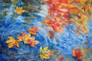 Maple leaves flutter in the autumn breeze, their fiery colors a warm embrace against the cool air, bright water color