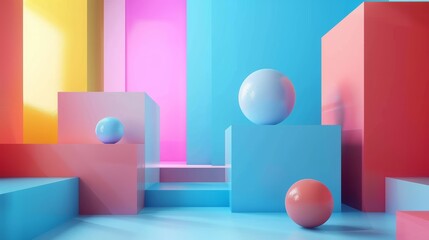 Colorful geometric composition with spheres and cubes. 3D render of a vibrant abstract scene.