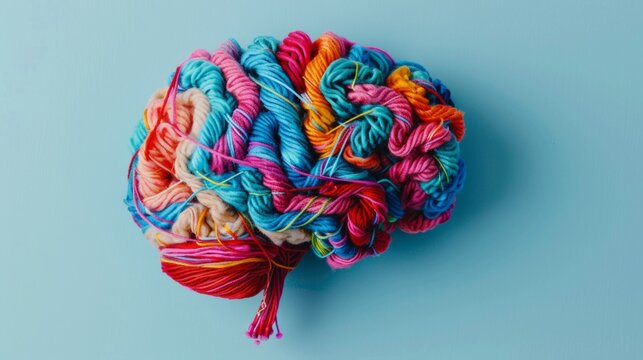 Human brain made of multi-colored tangled threads generative ai