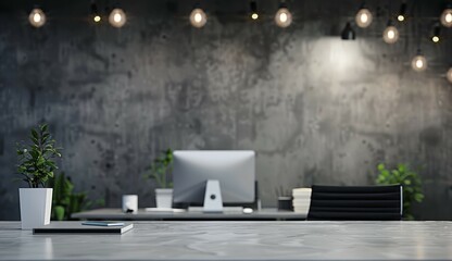 Modern workspace with computer and plants on marble table. Studio shot with design mockup.