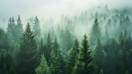 AI generated illustration of a lush green forest with misty fog in the sky