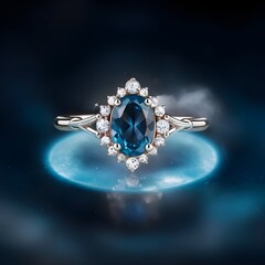Blue diamond engagement ring in a dark background