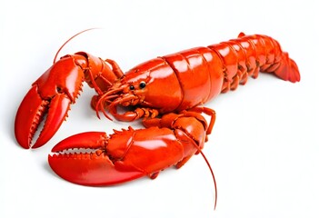 A close-up image of a bright cooked lobster, with its claws and tail visible