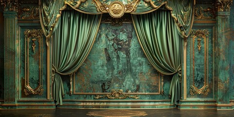 green with golden curtain stage with frames,