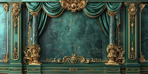 green with golden curtain stage with frames, - obrazy, fototapety, plakaty