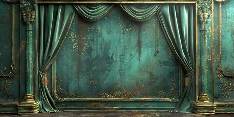 green with golden curtain stage with frames, - obrazy, fototapety, plakaty