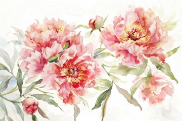 Watercolor painting of pink peonies against a white background