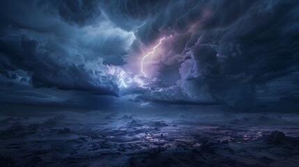 Landscape of lightning flashes and rain falling in a dry and gloomy area.