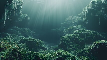 Obraz premium Underwater sunlight landscape background with sea plants and algae.