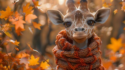 Animated cartoon character with giraffe in warm scarf, autumn illustration, good for cards and...