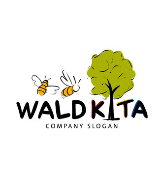 Waldkita Logo mit Bienen und Baum, Kinder erleben Natur
