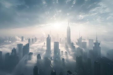 The skyscrapers pierce through the hazy shroud of clouds, basking in the soft, otherworldly light of the rising sun