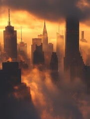 The sunrise casts a spellbinding glow on the mistshrouded skyscrapers, their silhouettes stretching into the sky