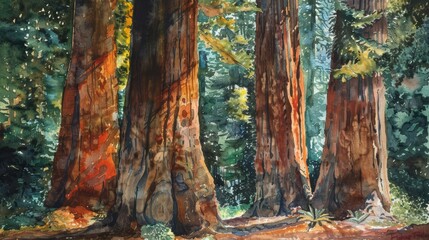 Towering redwoods reach for the heavens, their ancient trunks holding stories of centuries past, bright water color