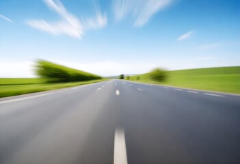 A blurred road through a green landscape under a blue sky
