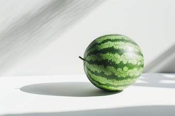 fresh ripe summer whole watermelon bathed in sunlight with distinct shadows cast on plain surface