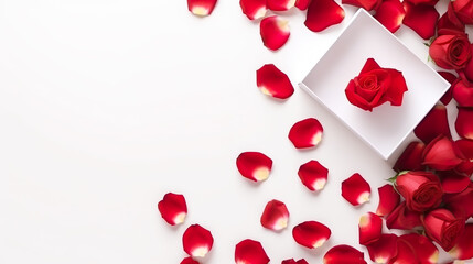 Red roses in top view with a box filled with rose petals isolated on a white background