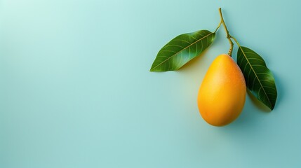 Single fresh juicy ripe mango with attached green leaves against plain light blue background