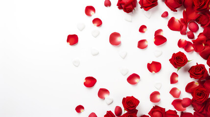 Red roses in top view with a box filled with rose petals isolated on a white background