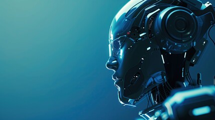 Fototapeta premium modern ai closeup of highly detailed futuristic robot head in profile against blue background