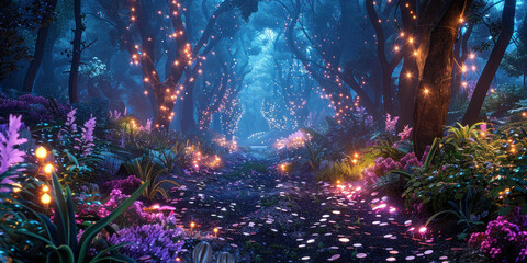Fototapeta premium Enchanted Midnight Forest with Fairy Lights, Flowers, and Path Leading to the Trees