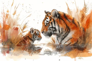 Happy Mother's Day. Cute mother and baby tiger together. Watercolor Vector illustration.