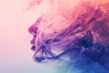 female side face in colorful smoke swirls against a gradient pink and blue background