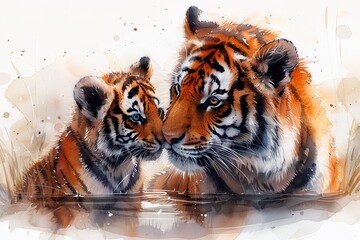 Happy Mother's Day. Cute mother and baby tiger together. Watercolor Vector illustration.