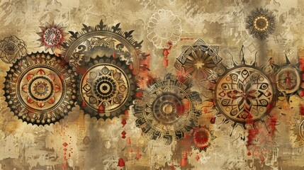 Steampunk Cogs and Mandalas on Vintage Background