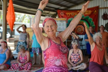 Elderly participants engaging in yoga practice for holistic health in gym setting