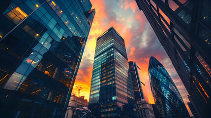 Capture a sweeping view of a technologically advanced urban landscape at dusk, with towering angular structures and a backdrop of vibrant sky colors, in a high-definition photograph