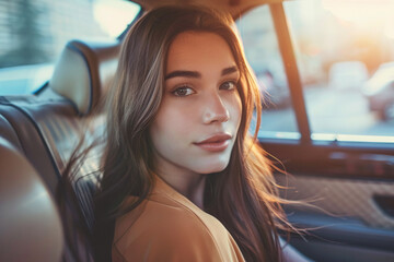 portrait of young woman sitting on backseat in taxi car