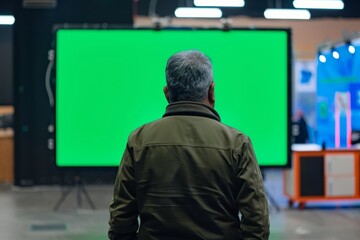 App mockup indian man in his 60s in front of a interactive digital board with an entirely green screen