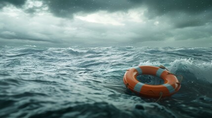 Fototapeta premium Lifebuoy floating on sea in storm weather generative ai