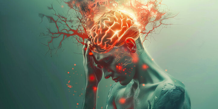 Encephalitis: The Brain Inflammation and Confusion - Imagine a person with a swollen, inflamed brain, holding their head in confusion, with inflammation markers around the brain