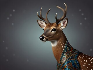 A deer in a shimmering couture jacket with beadwork, posed against a bright background. The image includes space for ads or invitations. generative AI