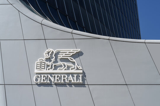 Logo of the Italian insurance company Assicurazioni Generali at the entrance of the Generali Tower skyscraper. Headquarters of the Generali Group offices in Milan, Italy - April 4, 2024