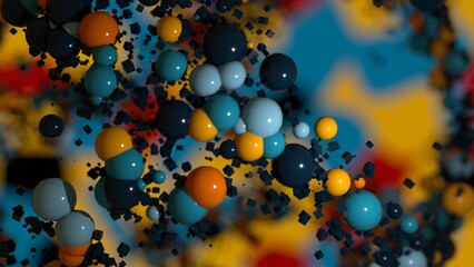 Vibrant, floating geometric abstractions dance in a colorful symphony of form and space, 3d rendering