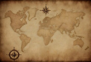 An old, weathered map with faded details and compass roses, suggesting an antique style - obrazy, fototapety, plakaty