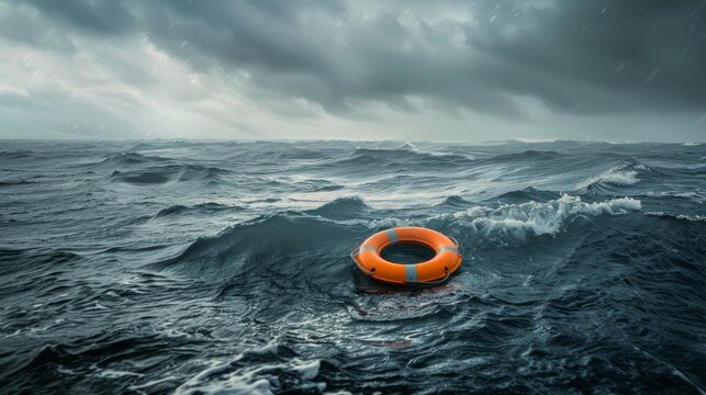 Lifebuoy floating on sea in storm weather generative ai