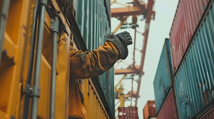 Skilled Crane Operator Maneuvering Containers in Bustling Export-Import Yard