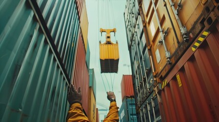 Crane Operator Maneuvering Containers in Bustling Export-Import Yard with Precision and Scale
