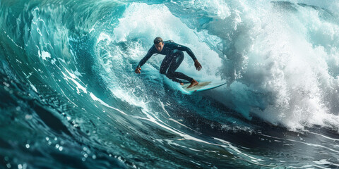 Adventurous man riding a wave on a surfboard in the vast ocean, wearing a wetsuit