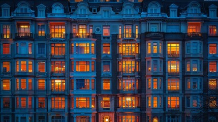 Glass curtain wall office building at night.