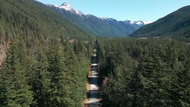 aerial shot over a car driving on a straight road between trees revealing mountains in the background, chilliwack british columbia, canada