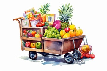 A watercolor painting of a wooden cart filled with colorful fruits and vegetables